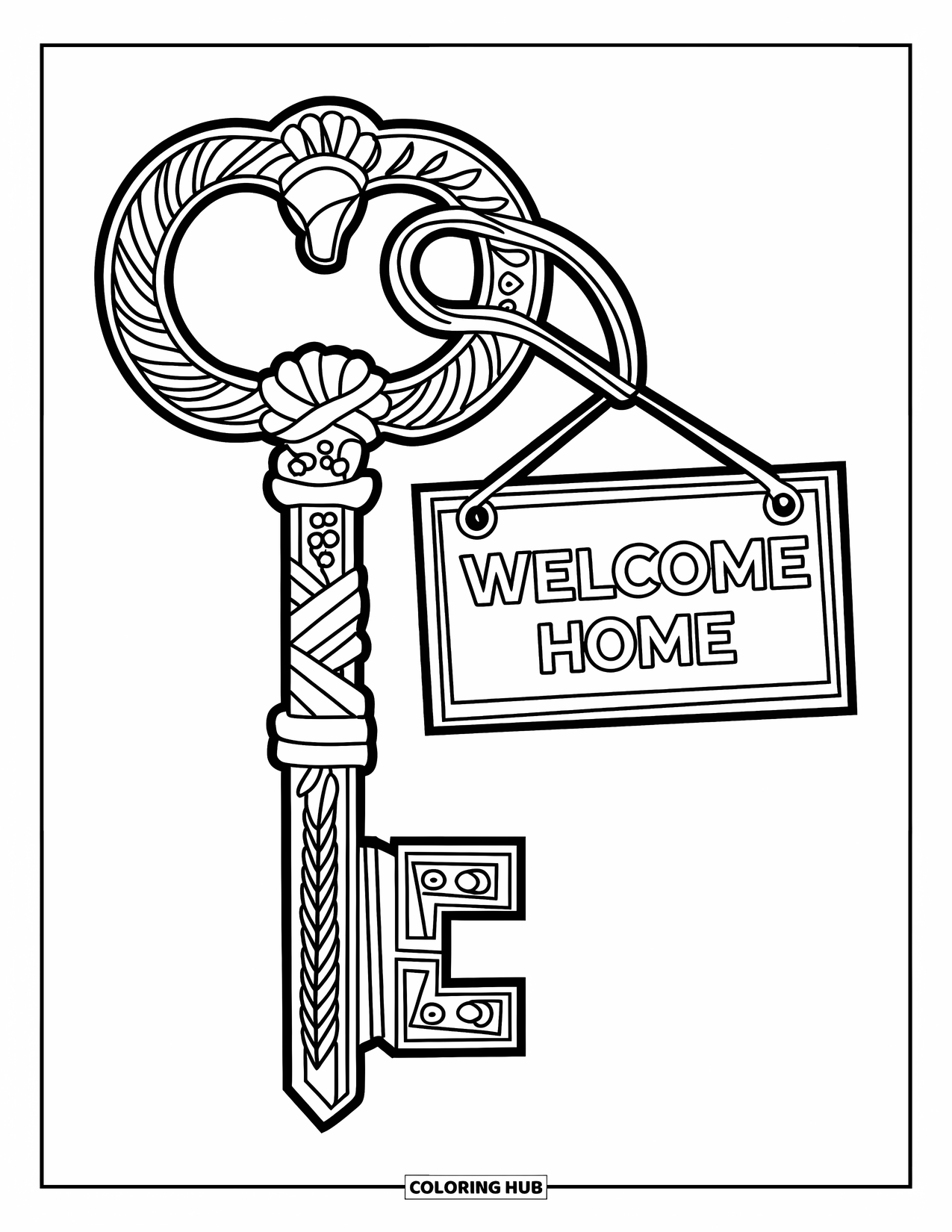 Welcome Home Coloring Page for Adults: Stylized key with floral handle and tiny "Welcome Home" keychain attached