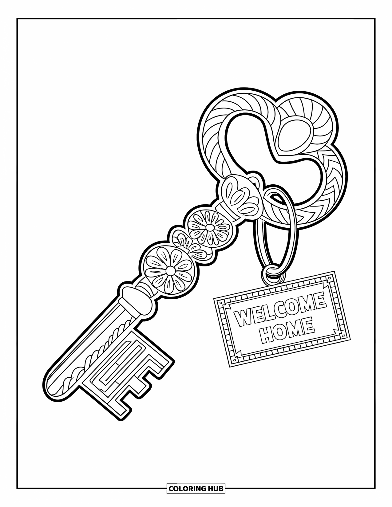 Welcome Home Coloring Page for Adults: Stylized key with floral handle and tiny "Welcome Home" sign attached