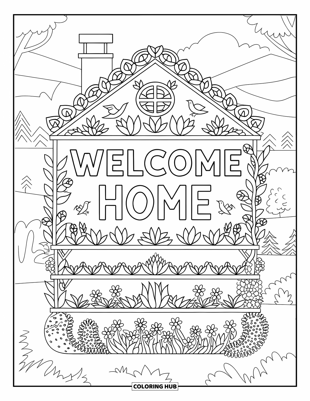 Welcome Home Coloring Page for Adults: Vertical garden house with birds, plants, and "Welcome Home" at the center