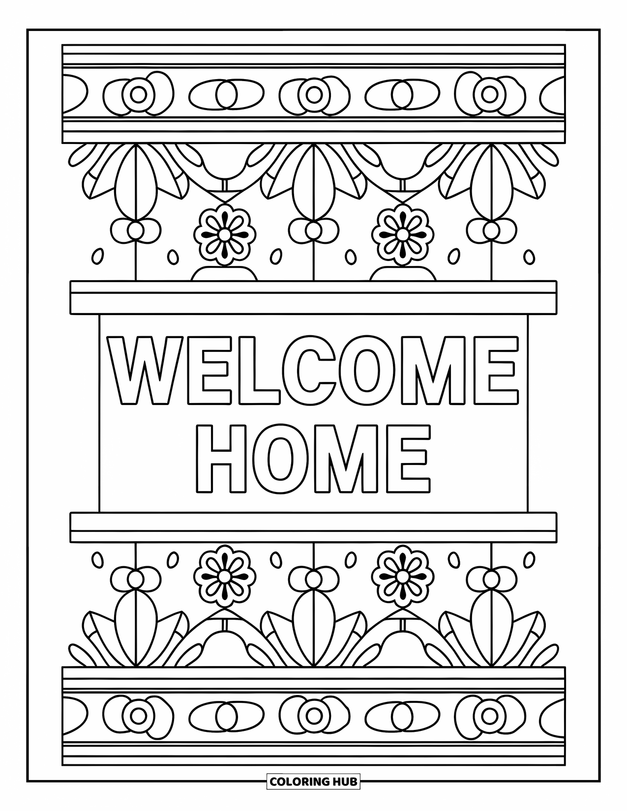 Welcome Home Coloring Page for Adults: Wall hanging with floral, leaf patterns and "Welcome Home" sign above