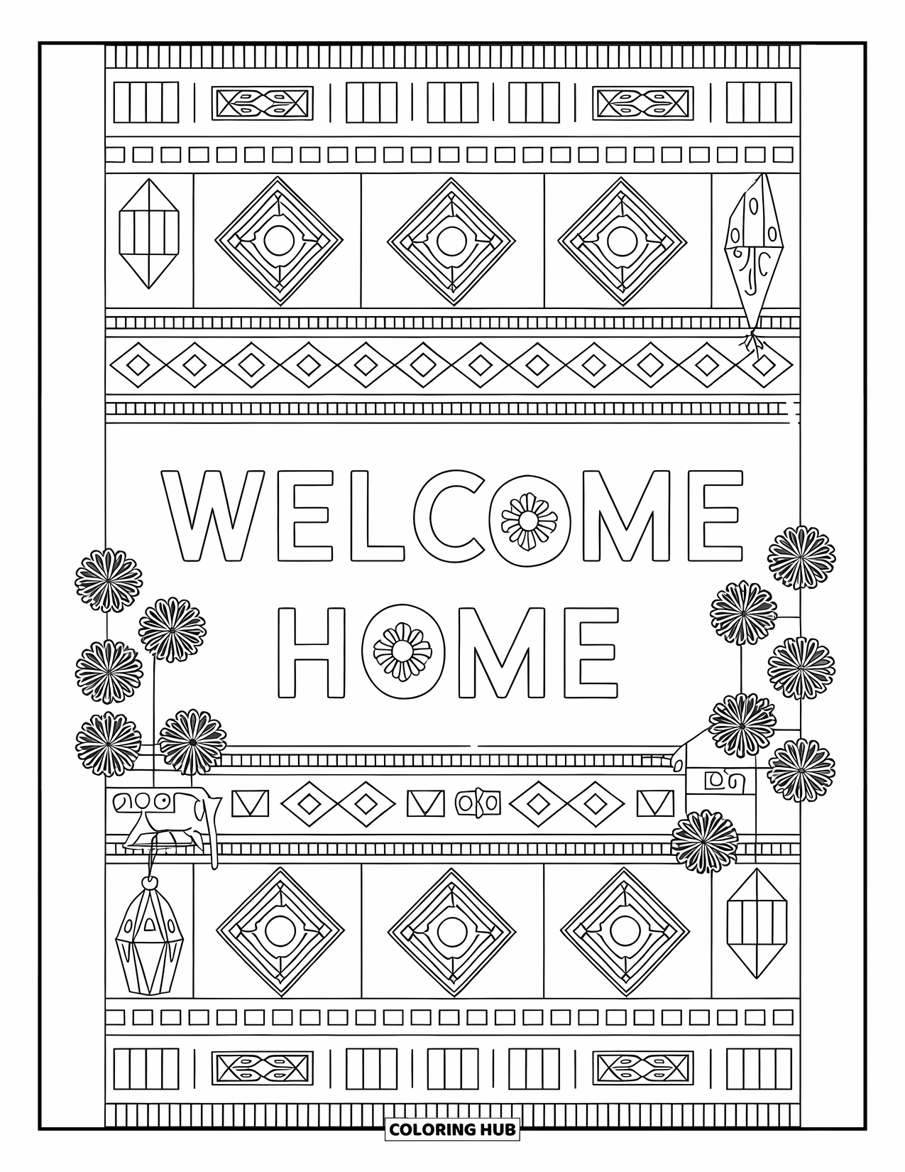 Welcome Home Coloring Page for Adults: Wall hanging with patterns, plants, lantern, and "Welcome Home" sign