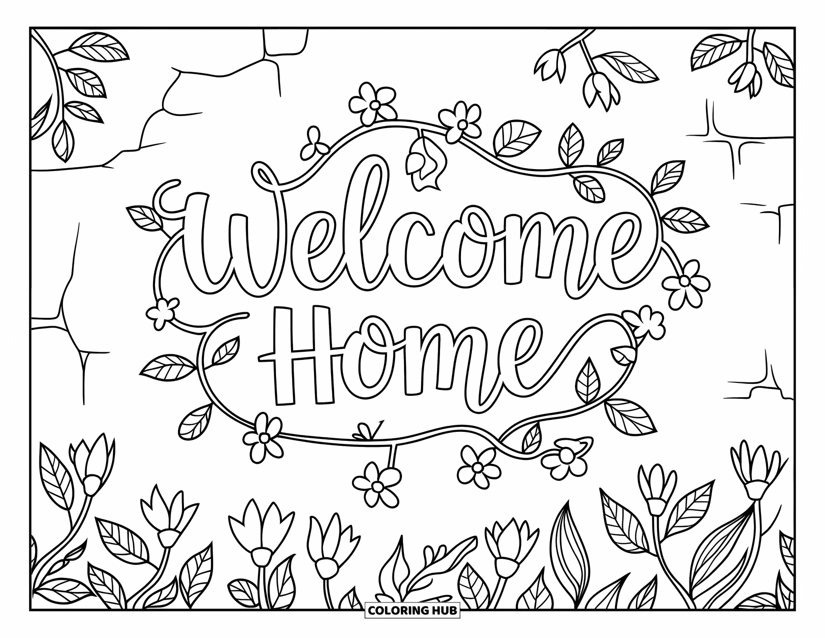 Welcome Home Coloring Page for Adults: "Welcome Home" text framed by floral vines and leaves on cracked wall