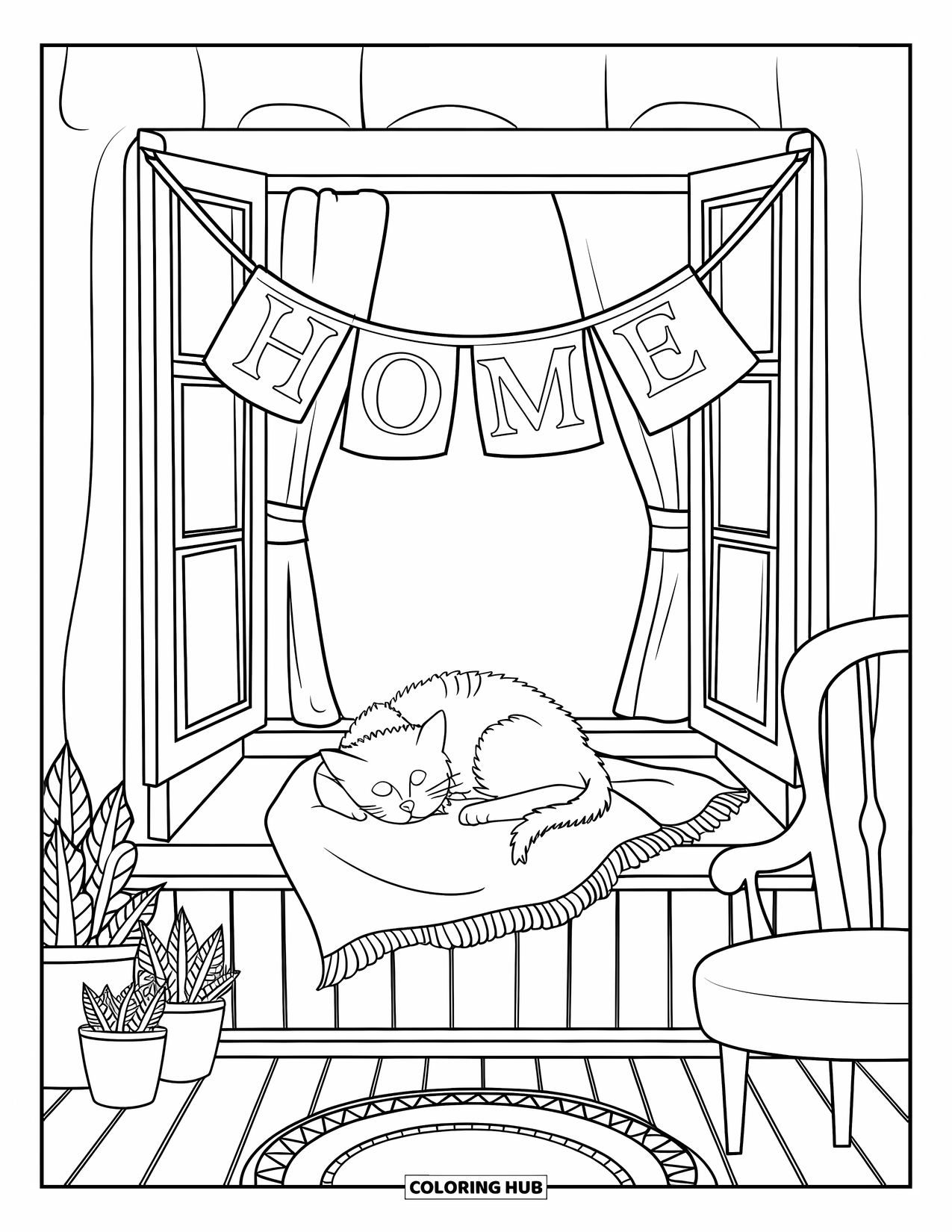 Welcome Home Coloring Page for Adults: Window nook with cat, plants, chair, rug, and a warm "Home" banner