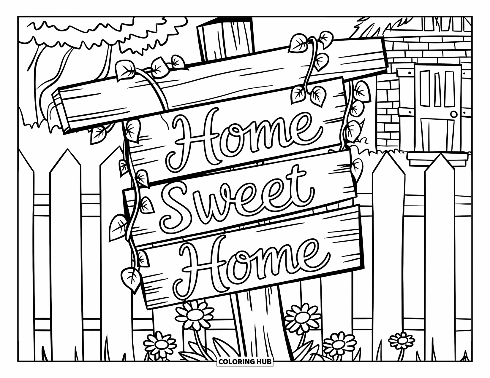 Welcome Home Coloring Page for Adults: Wooden signpost with "Home Sweet Home" among ivy and daisies by a cottage