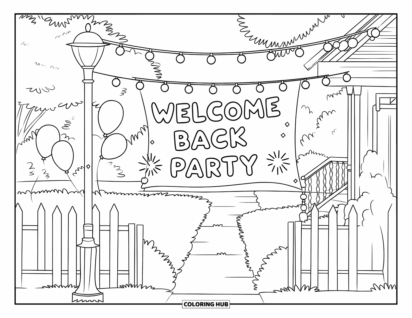 Welcome Home Coloring Page for Kids: Balloons on a lamp post and a "Welcome Back Party" banner near a cozy house