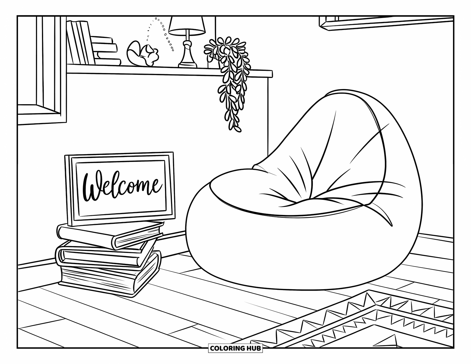 Welcome Home Coloring Page for Kids: Beanbag, books, and a welcome sign make this corner feel warm and inviting