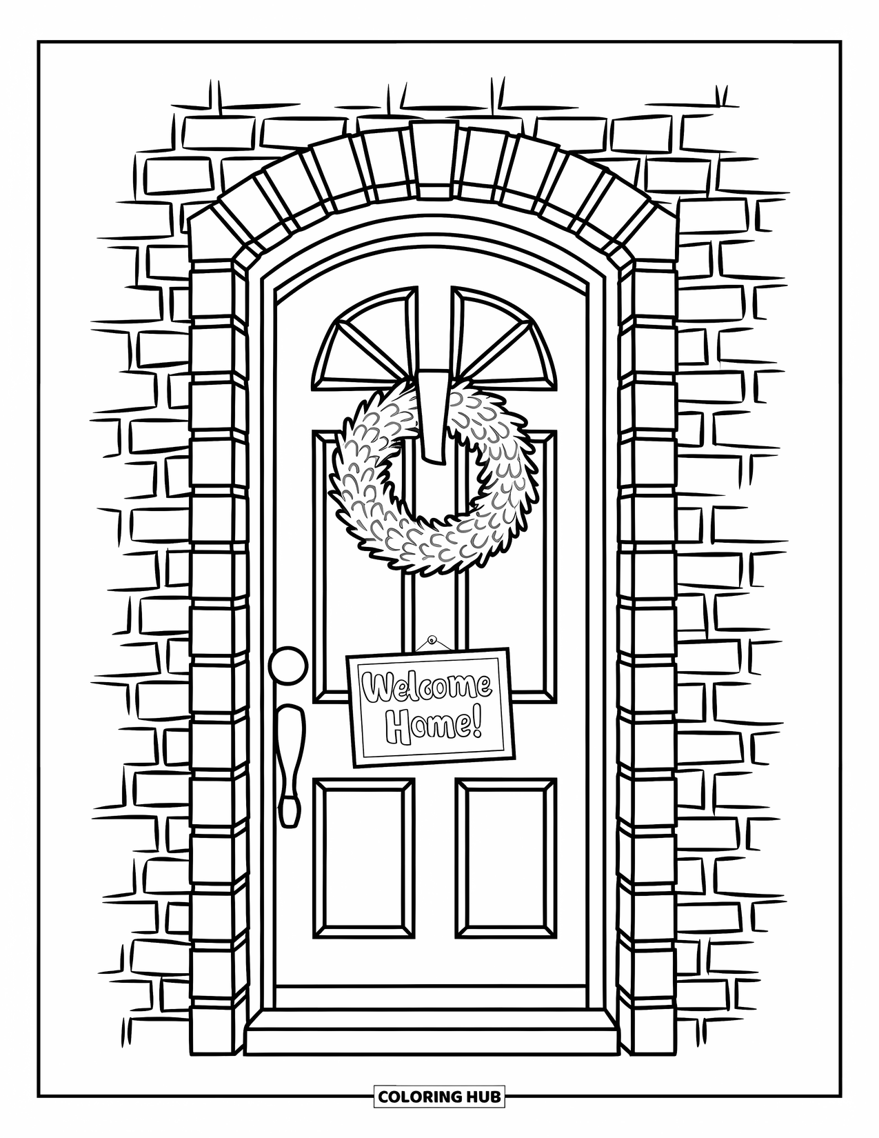 Welcome Home Coloring Page for Kids: Brick wall door with wreath and sweet "Welcome Home!" sign attached
