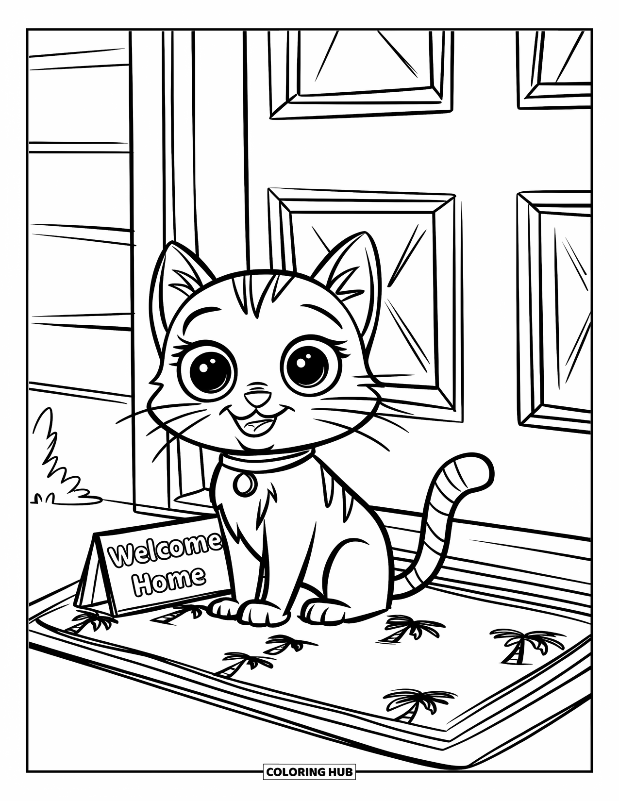 Welcome Home Coloring Page for Kids: Cat with big eyes by doormat and tiny "Welcome Home" sign near house