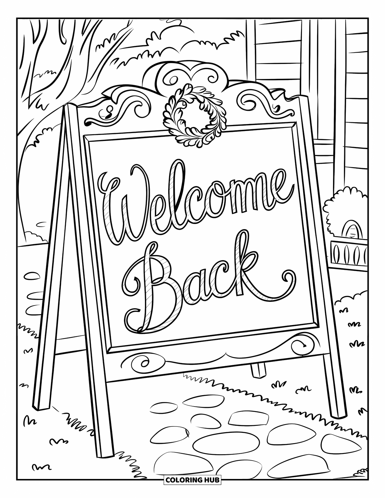 Welcome Home Coloring Page for Kids: Chalkboard sign on a porch with wreath and stylish "Welcome Back" message