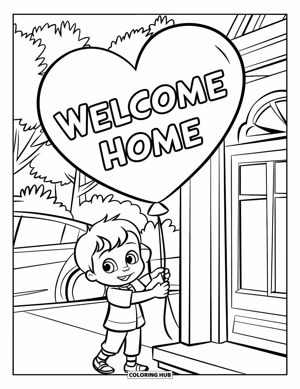 Welcome Home Coloring Page for Kids: Child holding heart balloon with "Welcome Home" near house and trees
