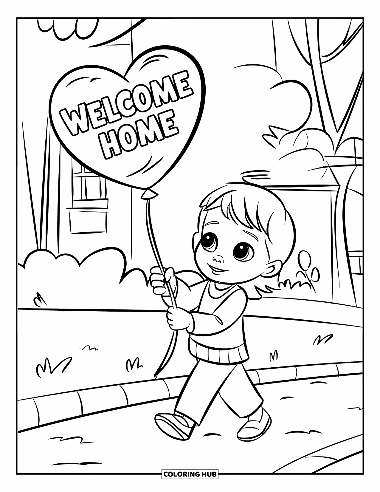 Welcome Home Coloring Page for Kids: Child walking with heart balloon saying "Welcome Home" on a tree-lined path