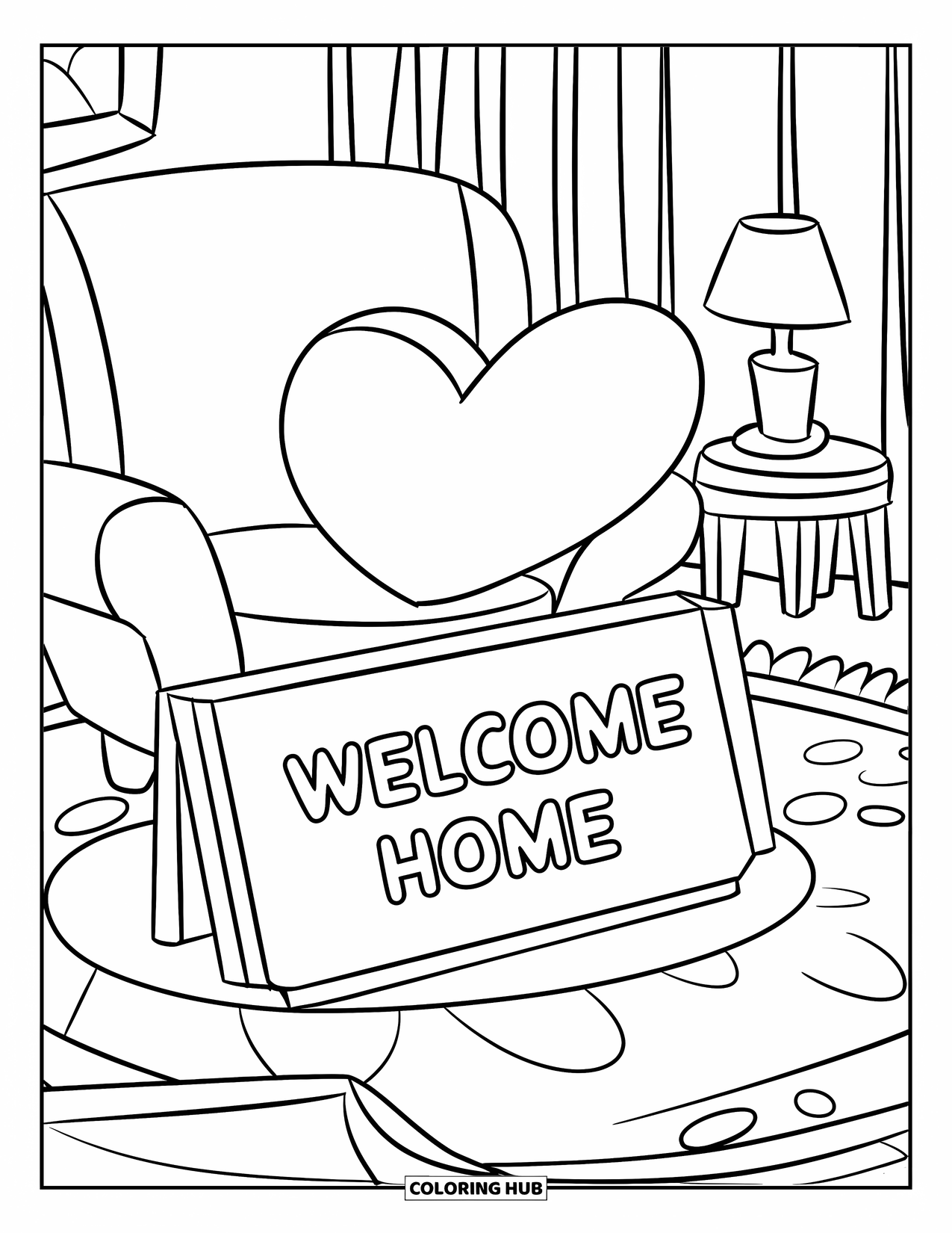 Welcome Home Coloring Page for Kids: Cozy room with heart pillow, chair, table, and a warm "Welcome Home" sign