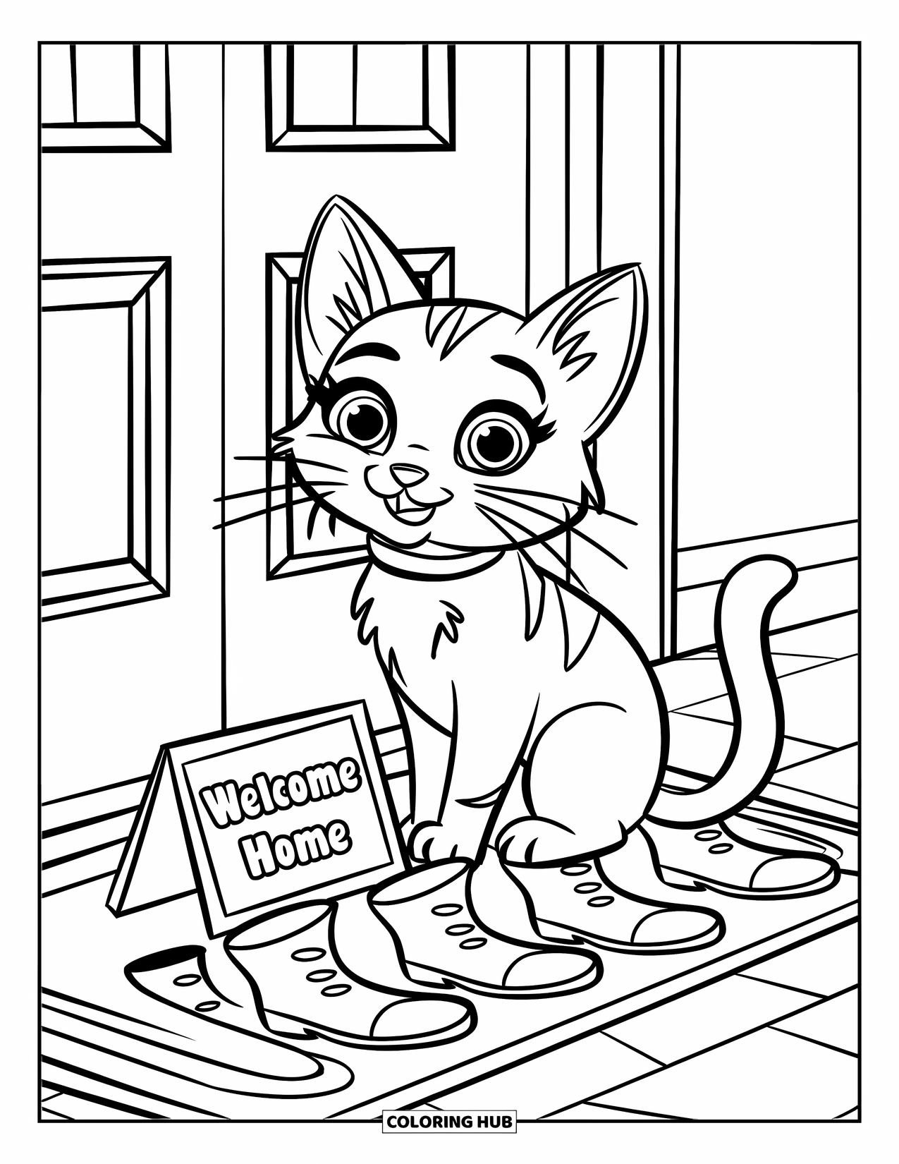 Welcome Home Coloring Page for Kids: Cute cat by doormat with tiny "Welcome Home" sign and big, sweet eyes