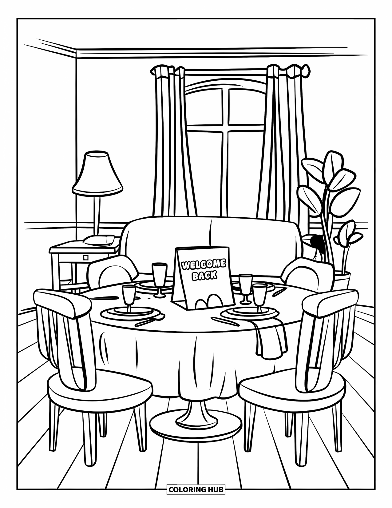 Welcome Home Coloring Page for Kids: Dinner table set with an empty seat and a heartfelt "Welcome Back" card
