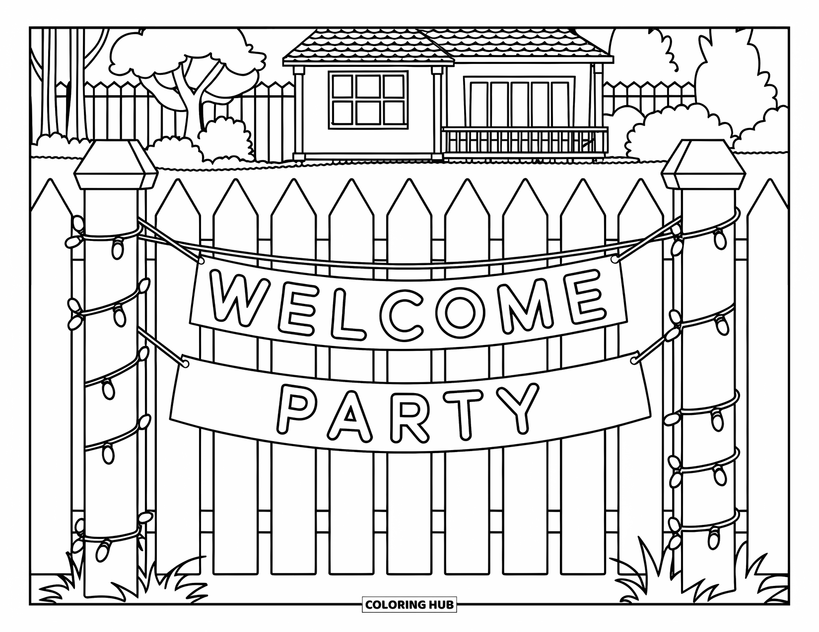Welcome Home Coloring Page for Kids: Fence posts wrapped in fairy lights with a cheerful "Welcome Back Party" banner