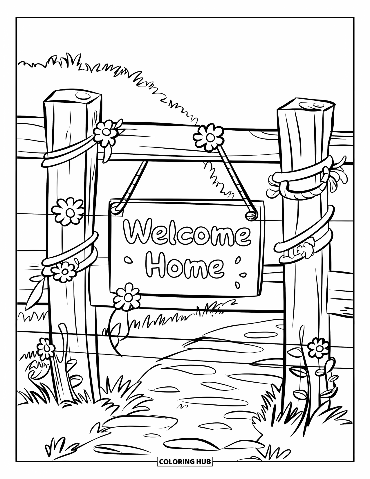 Welcome Home Coloring Page for Kids: Fence with flowers, ribbons, and a "Welcome Home" sign near a grassy path