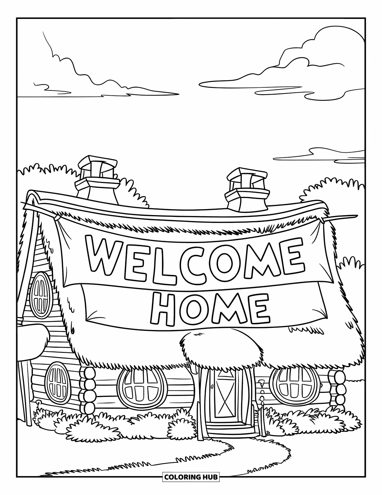 Welcome Home Coloring Page for Kids: House with thatched roof, smoke stacks, greenery, and a big "Welcome Home" banner