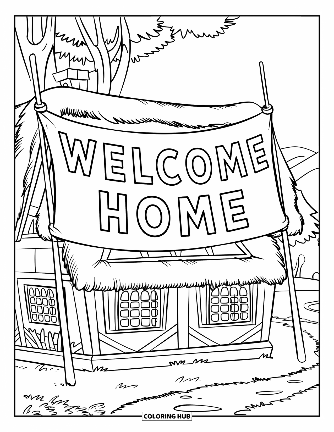 Welcome Home Coloring Page for Kids: House with wooden beams, poles holding "Welcome Home" banner, and distant mountains