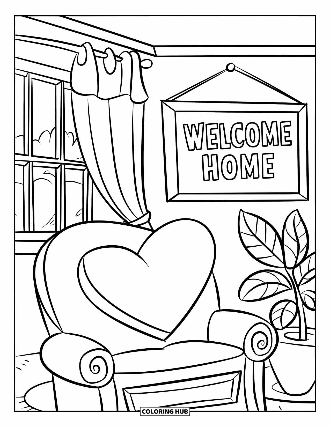 Welcome Home Coloring Page for Kids: Inviting room with heart pillow, plant, chair, and friendly "Welcome Home" sign