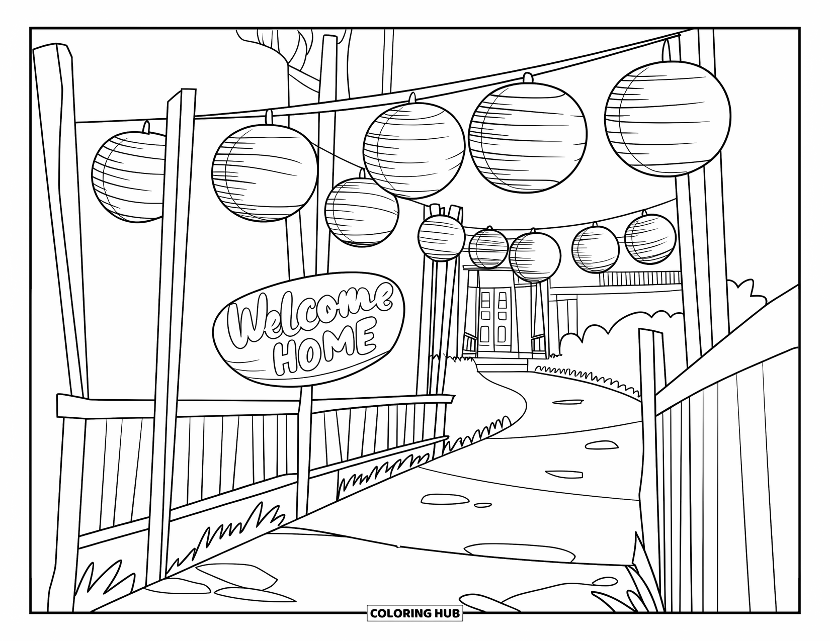 Welcome Home Coloring Page for Kids: Lanterns light a path to a warm home with "Welcome Home" written on one