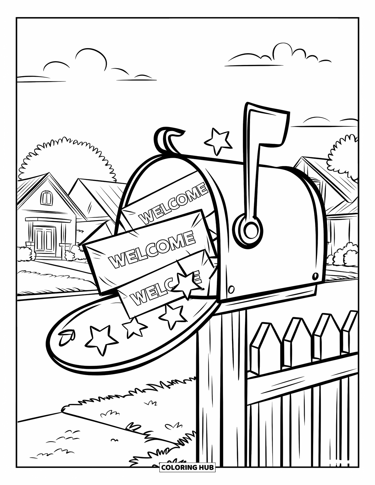 Welcome Home Coloring Page for Kids: Mailbox full of welcome letters and stars beside a picket fence and houses