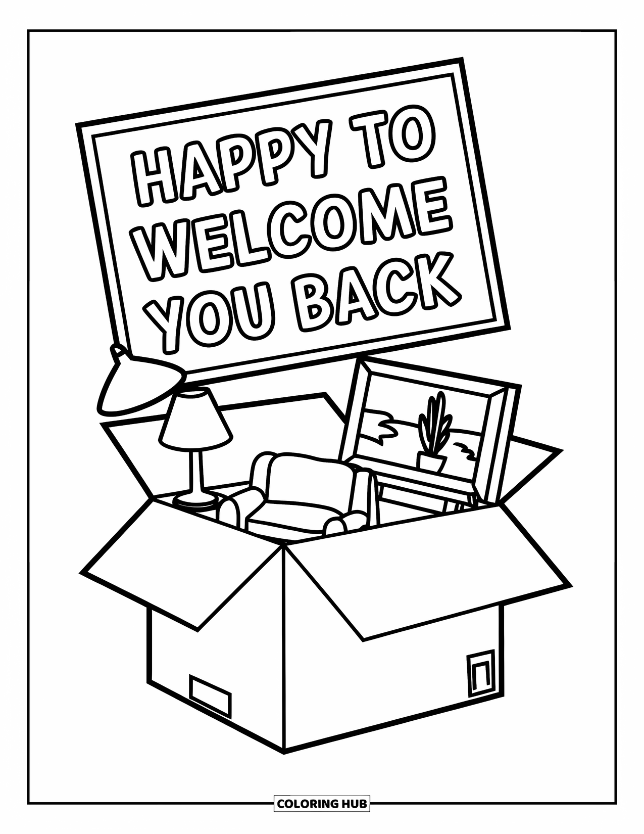 Welcome Home Coloring Page for Kids: Open box with homey items and a sweet "Happy to Welcome You Back" sign