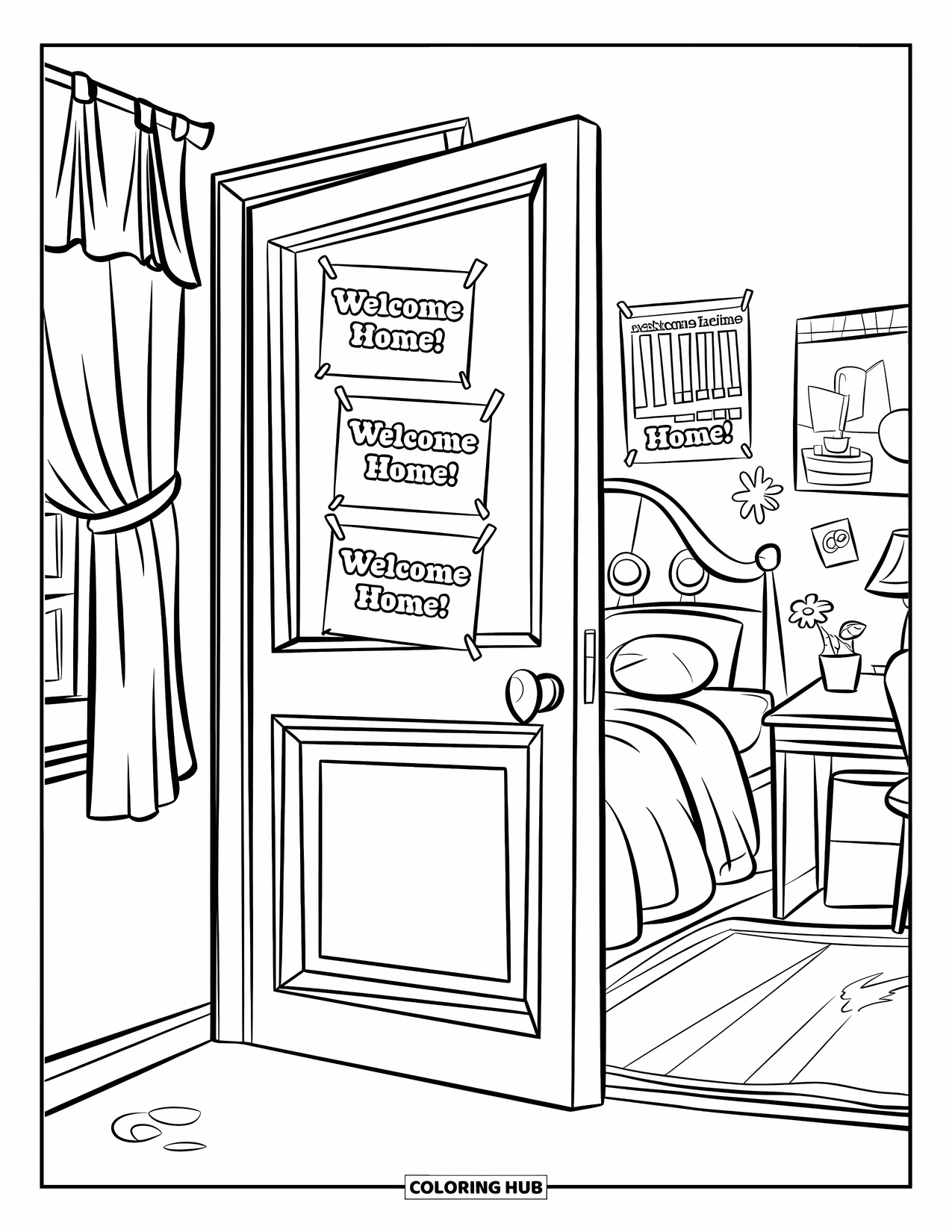 Welcome Home Coloring Page for Kids: Open dorm door with "Welcome home!" posters and a peek at a cozy room