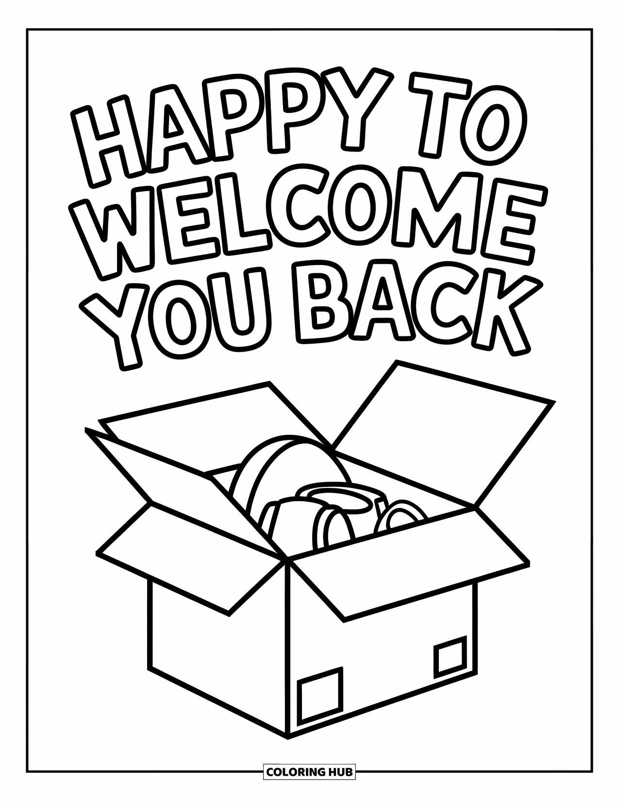 Welcome Home Coloring Page for Kids: Open moving box filled with items and a happy "Welcome You Back" note