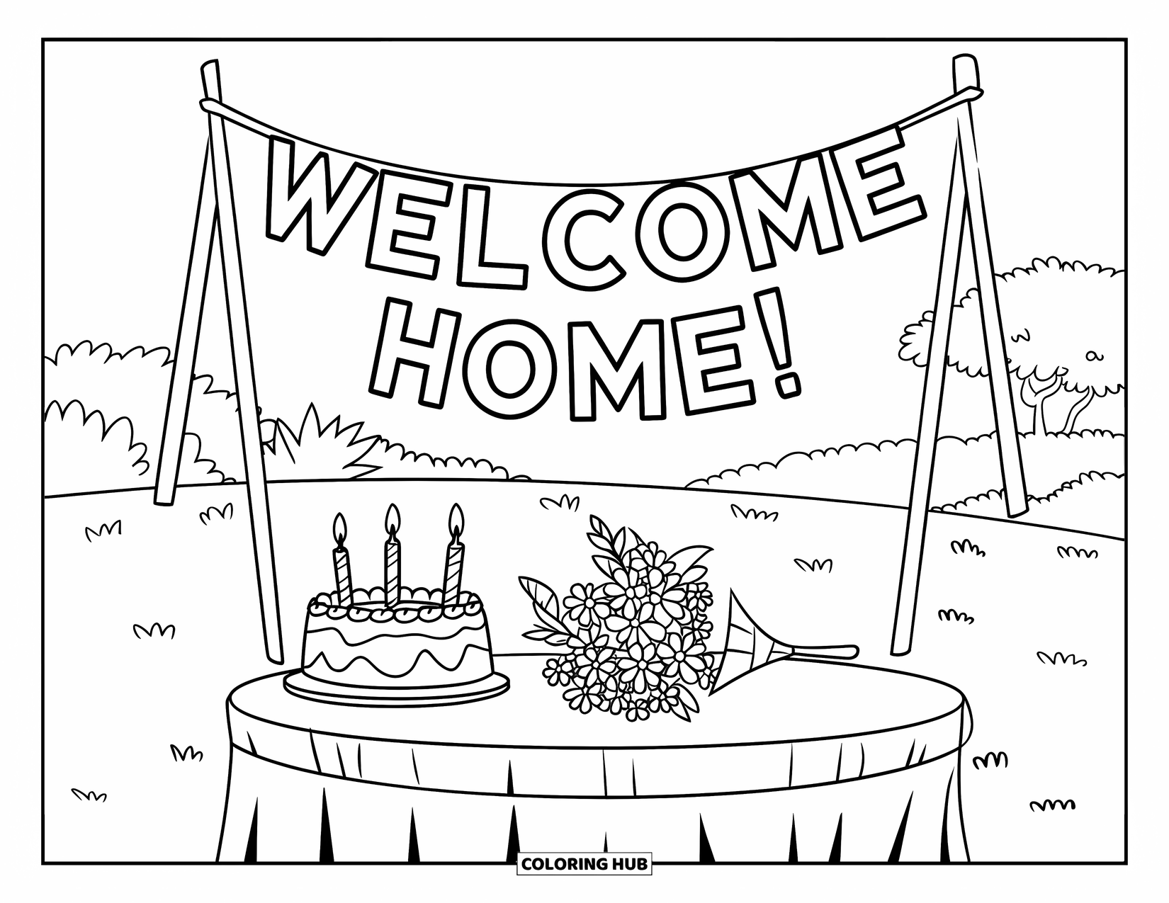 Welcome Home Coloring Page for Kids: Party table with cake, flowers, and a joyful "Welcome Home!" banner above