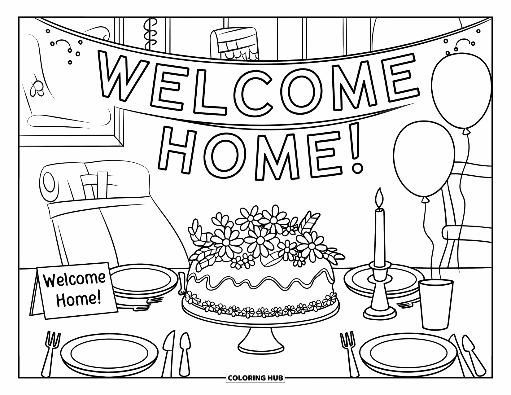 Welcome Home Coloring Page for Kids: Party table with cake, flowers, candle, and festive "Welcome Home!" signs