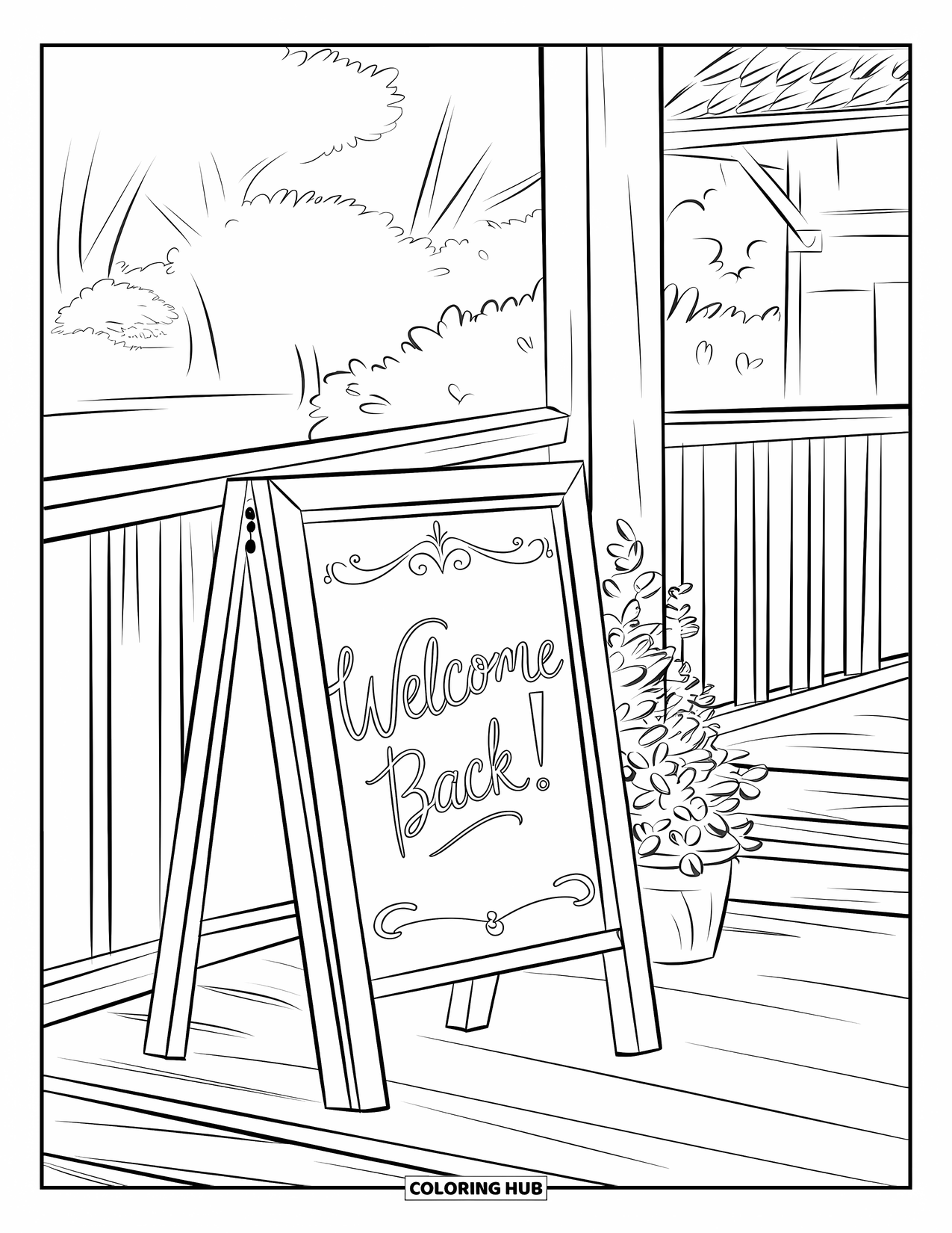 Welcome Home Coloring Page for Kids: Porch chalkboard sign with doodles, potted plant, and a "Welcome Back" greeting