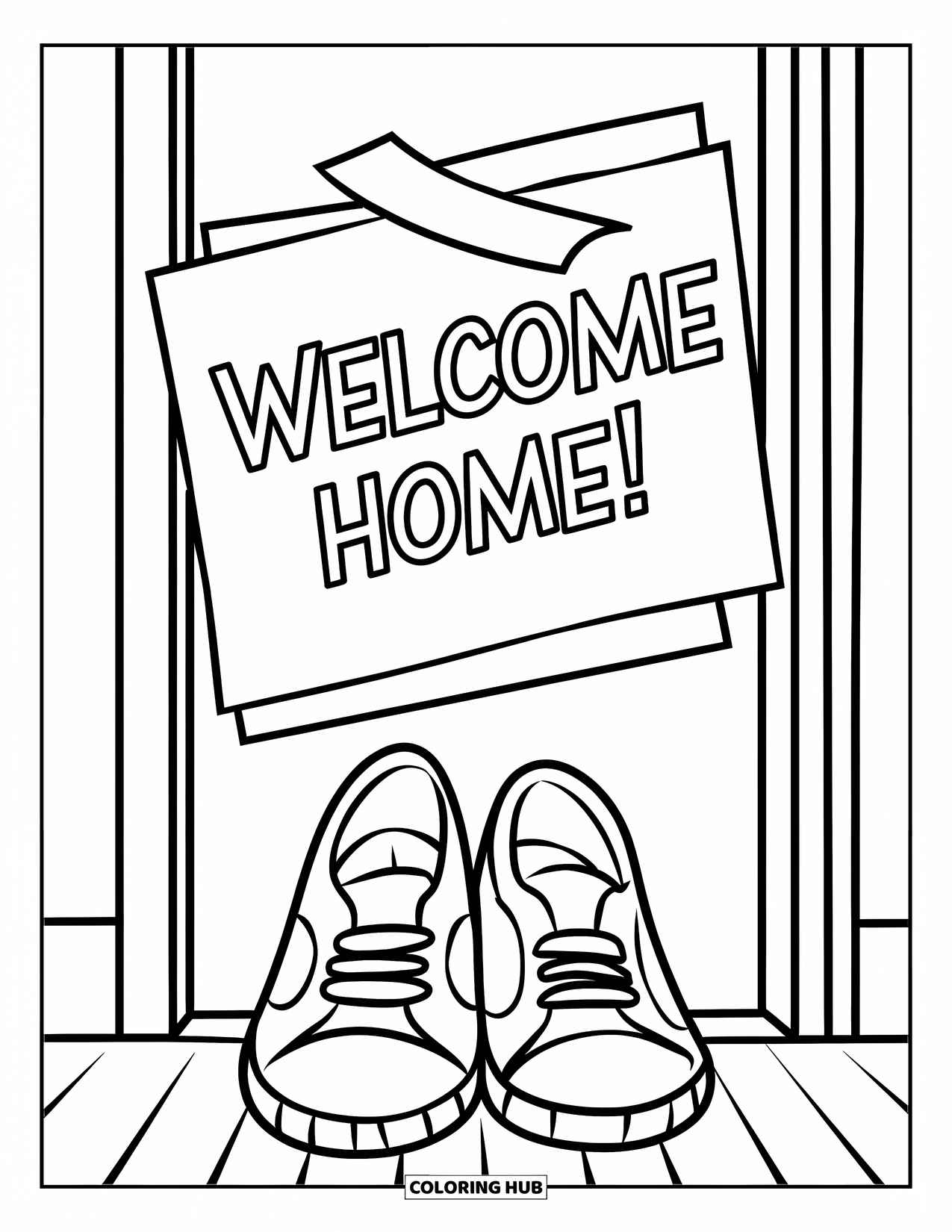 Welcome Home Coloring Page for Kids: Shoes by the door and a cozy "Welcome Home!" note above them