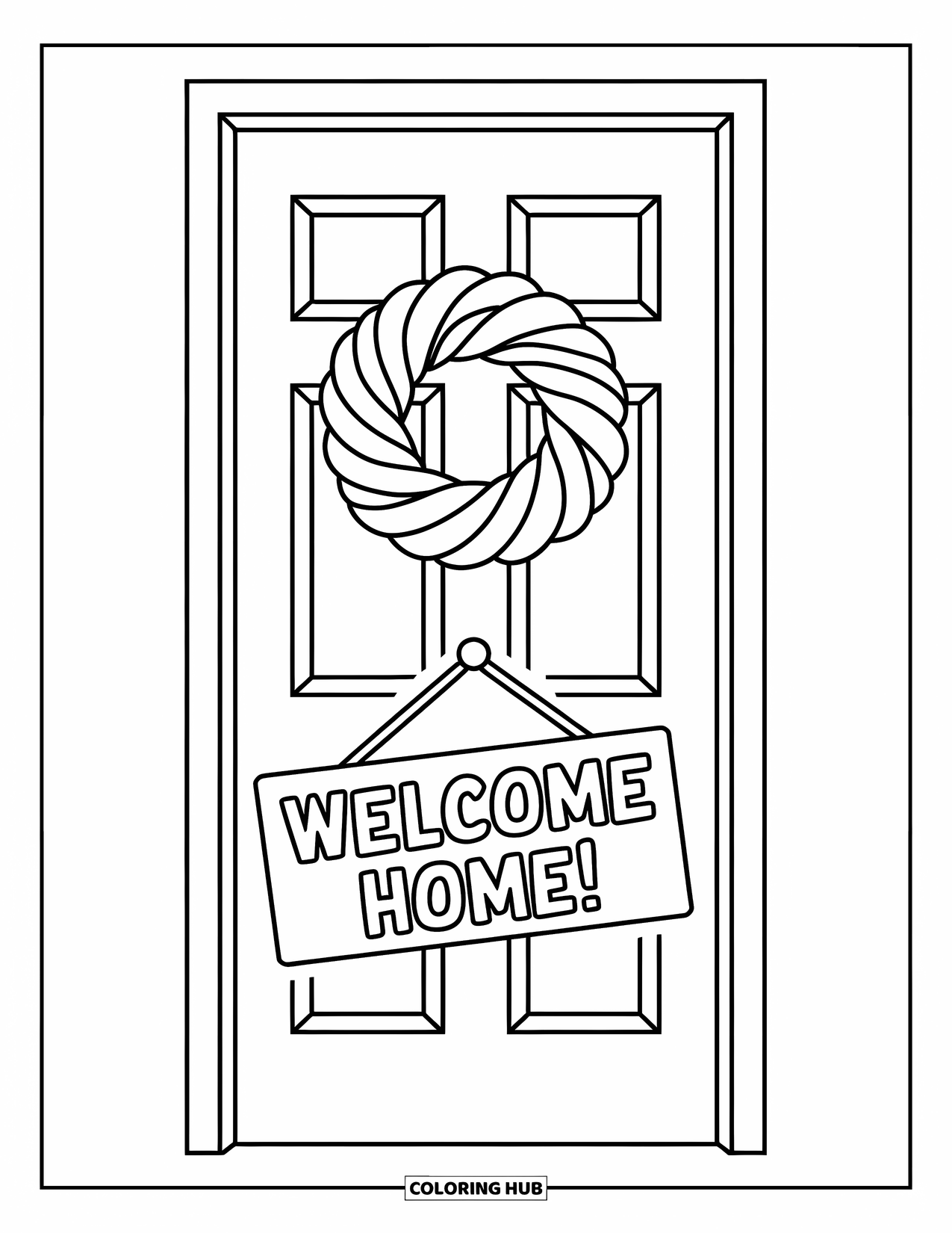 Welcome Home Coloring Page for Kids: Simple door with wreath and small "Welcome Home!" sign below