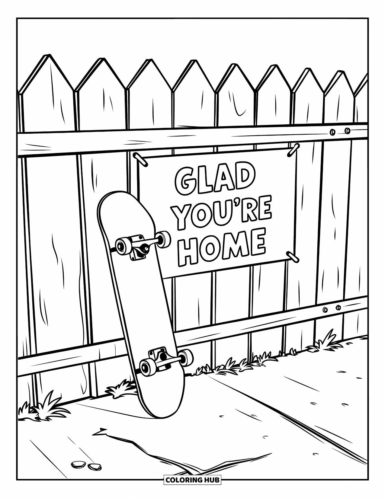Welcome Home Coloring Page for Kids: Skateboard by a wooden fence with a warm "Glad You're Home" note