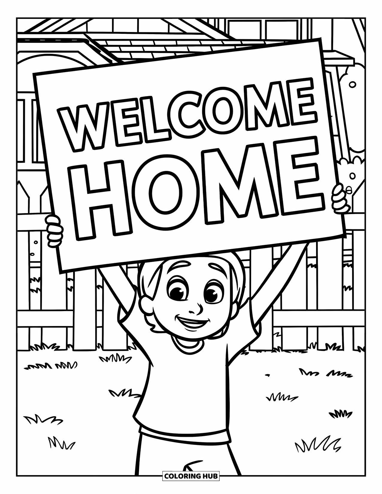 Welcome Home Coloring Page for Kids: Smiling child holding a big "Welcome Home" sign in a grassy yard