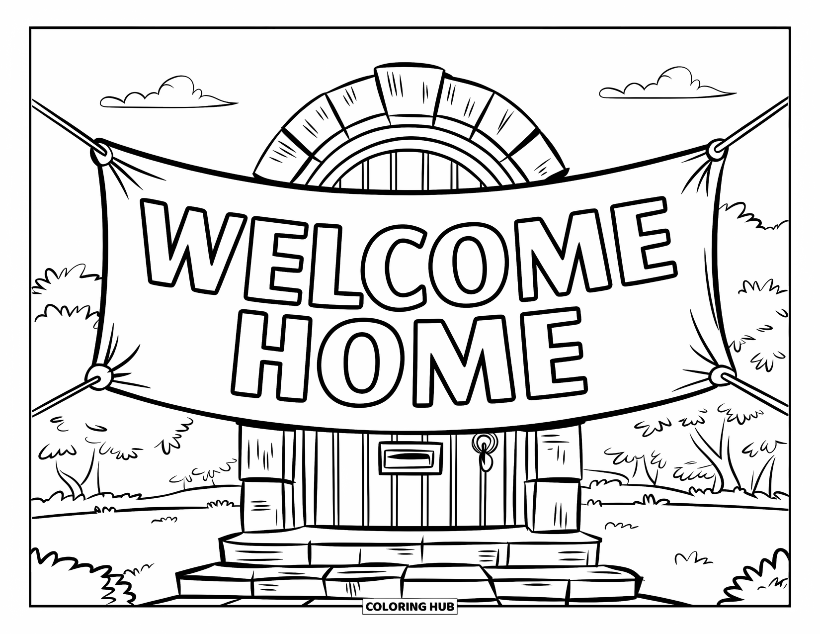 Welcome Home Coloring Page for Kids: Stone steps and archway lead to door with a large "Welcome Home" banner