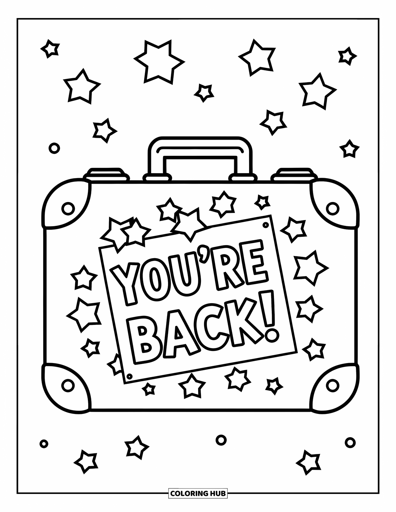 Welcome Home Coloring Page for Kids: Suitcase surrounded by scattered stars and a "You're Back!" message