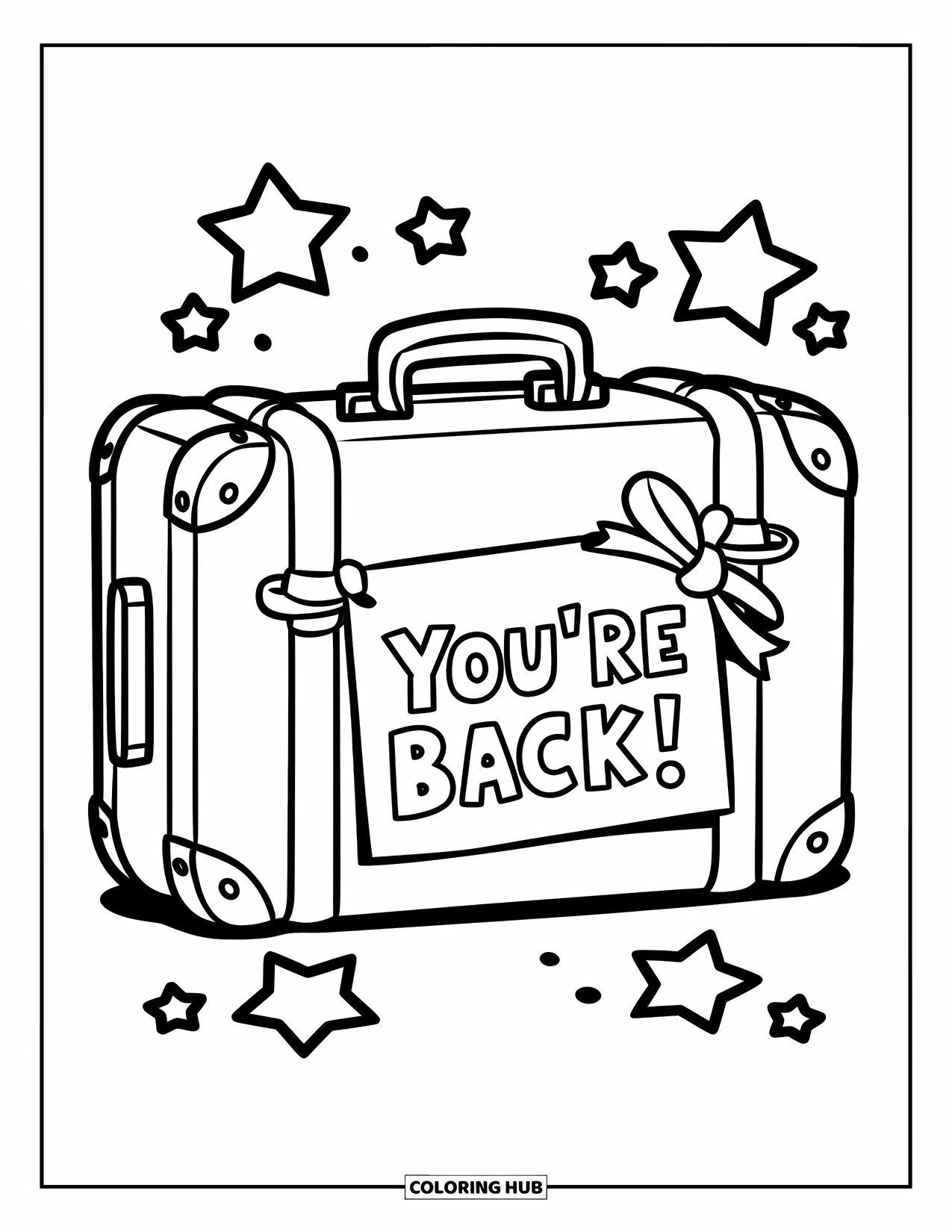 Welcome Home Coloring Page for Kids: Suitcase with stars, ribbon-tied note saying "You're Back!" placed on ground