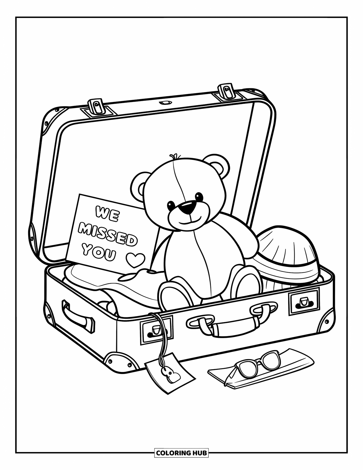 Welcome Home Coloring Page for Kids: Suitcase with teddy bear, "We Missed You" note, and a few personal items inside