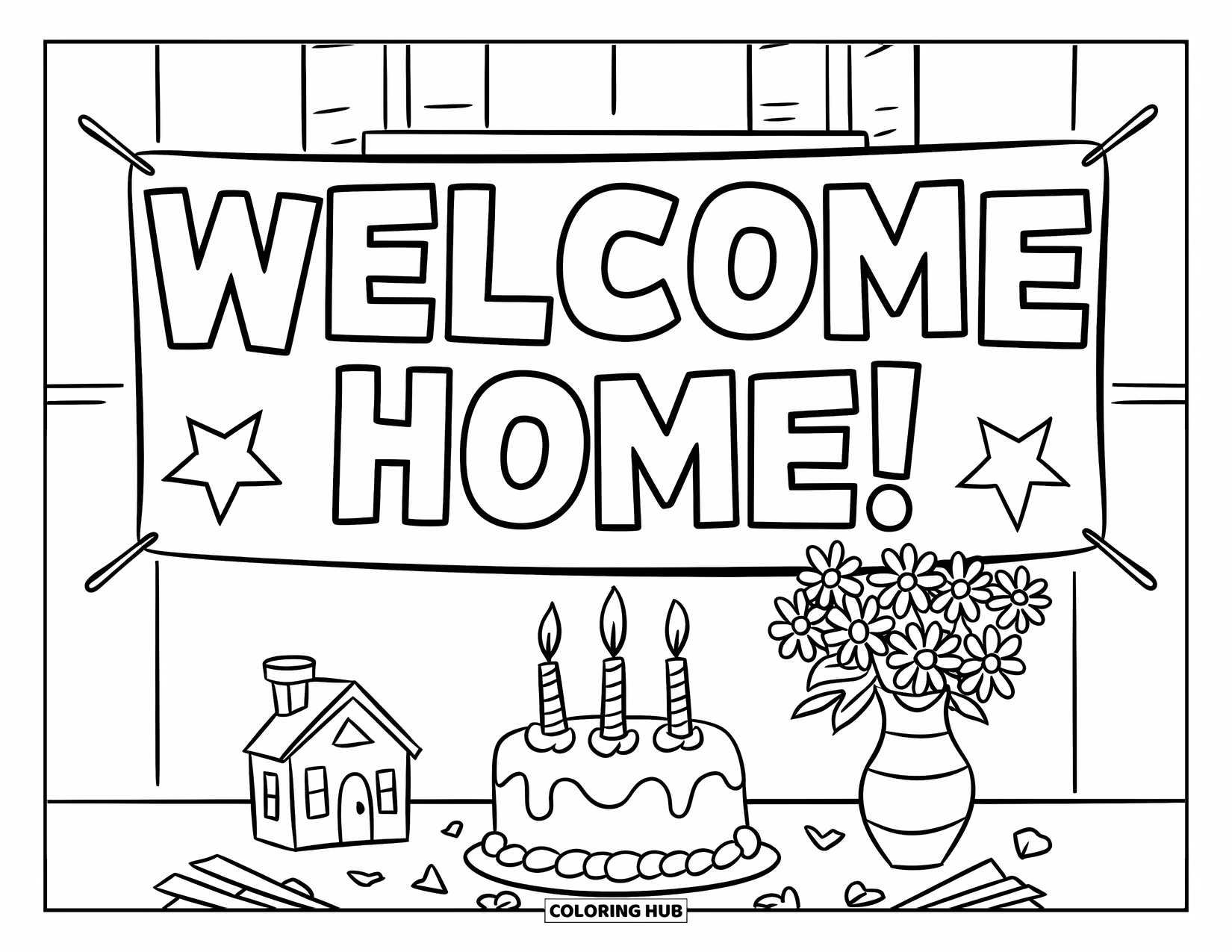 Welcome Home Coloring Page for Kids: Table with cake, flowers, house decoration, and big "Welcome Home!" banner