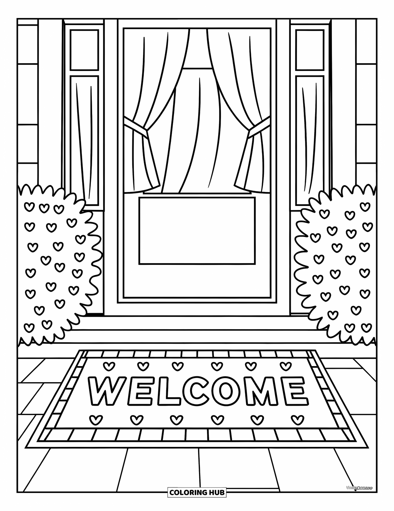 Welcome Home Coloring Page for Kids: Welcome mat with "Welcome" letters, hearts, and plants by the door