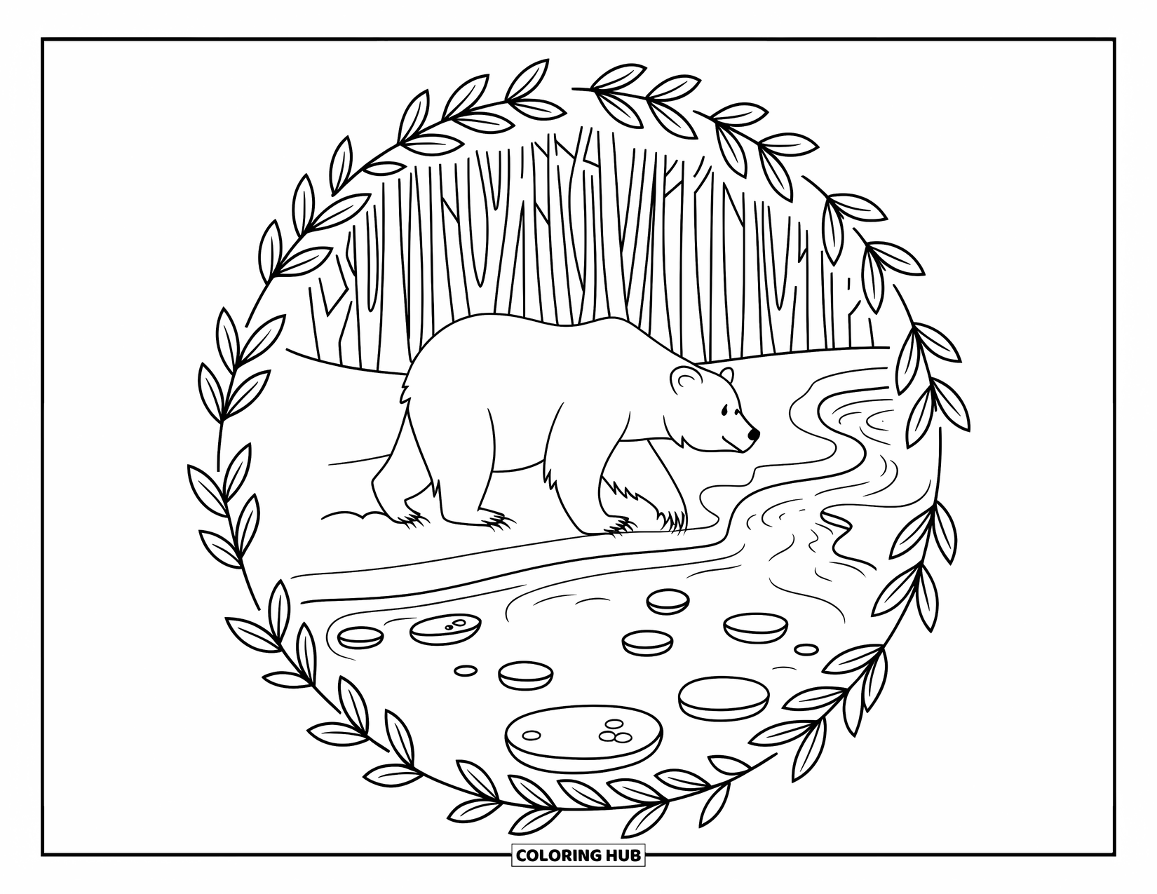 Wild Animal Coloring Page for Adults: A bear walks by a stream framed by stones and leaves, surrounded by trees