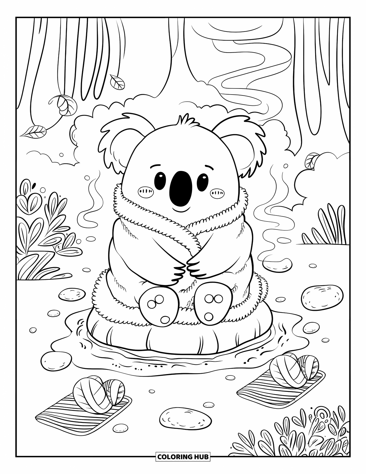 Wild Animal Coloring Page for Adults: A kawaii koala in a towel sits on a warm rock near a steamy forest hot spring