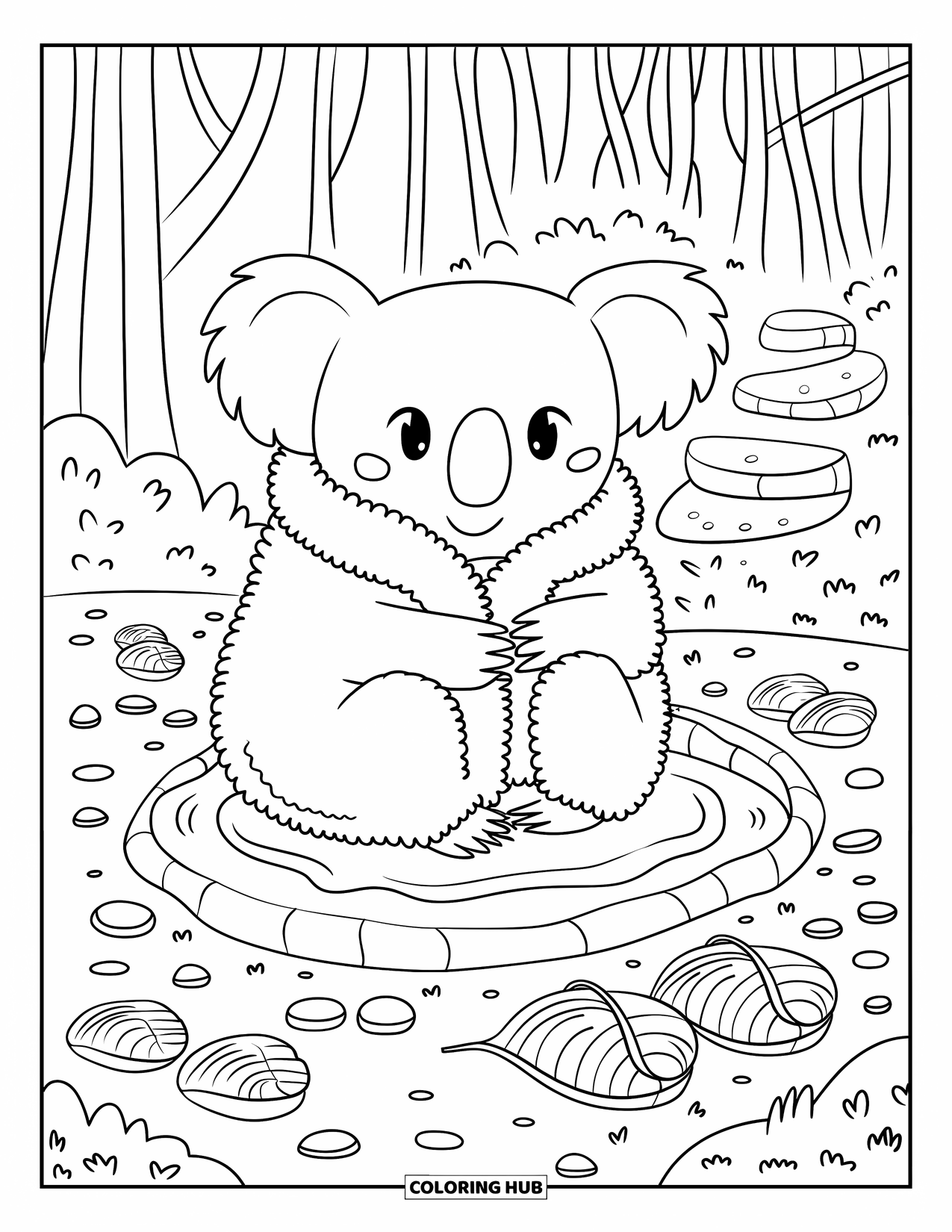 Wild Animal Coloring Page for Adults: A koala in a fluffy towel rests by a tiny hot spring with pebbles, leaves, and trees
