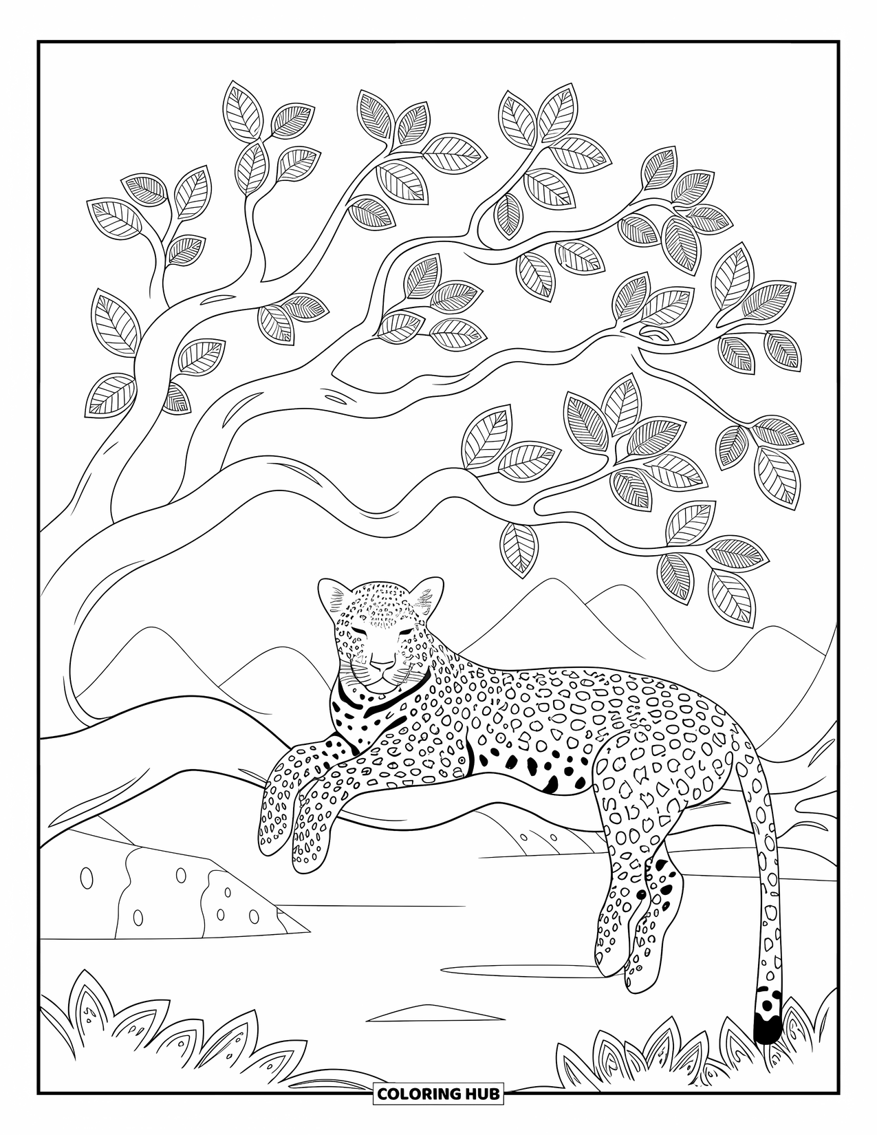 Wild Animal Coloring Page for Adults: A leopard naps on a branch under a flowering tree by mountains and water