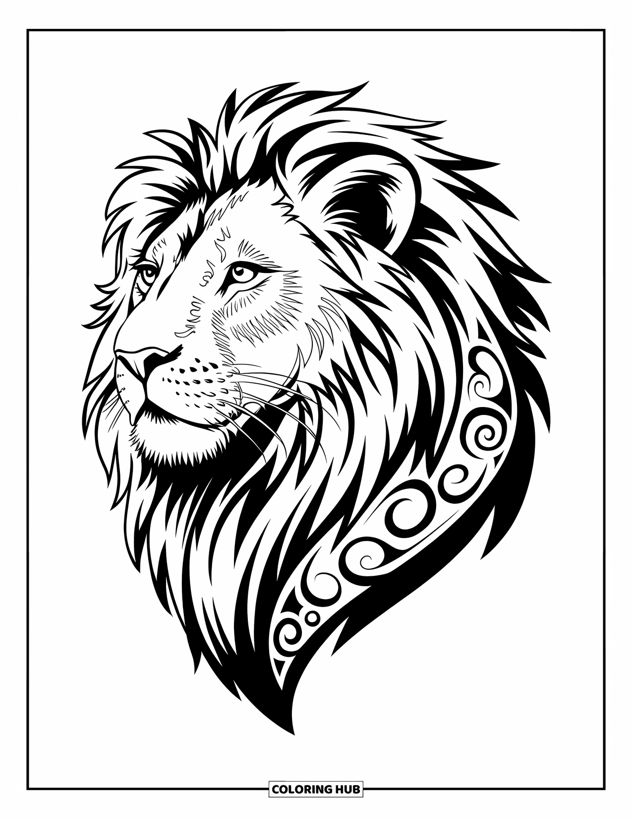 Wild Animal Coloring Page for Adults: A lion's face with tribal patterns and swirling natural elements looks left