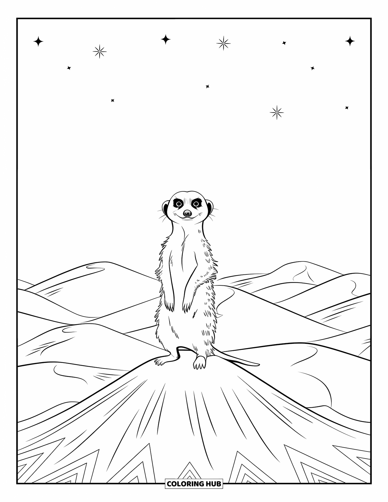 Wild Animal Coloring Page for Adults: A meerkat stands alert on a mound with dunes and sunburst patterns