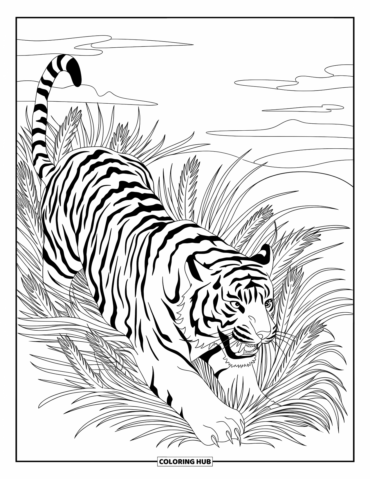 Wild Animal Coloring Page for Adults: A tiger with bared teeth prowls through tall grass and abstract sky clouds