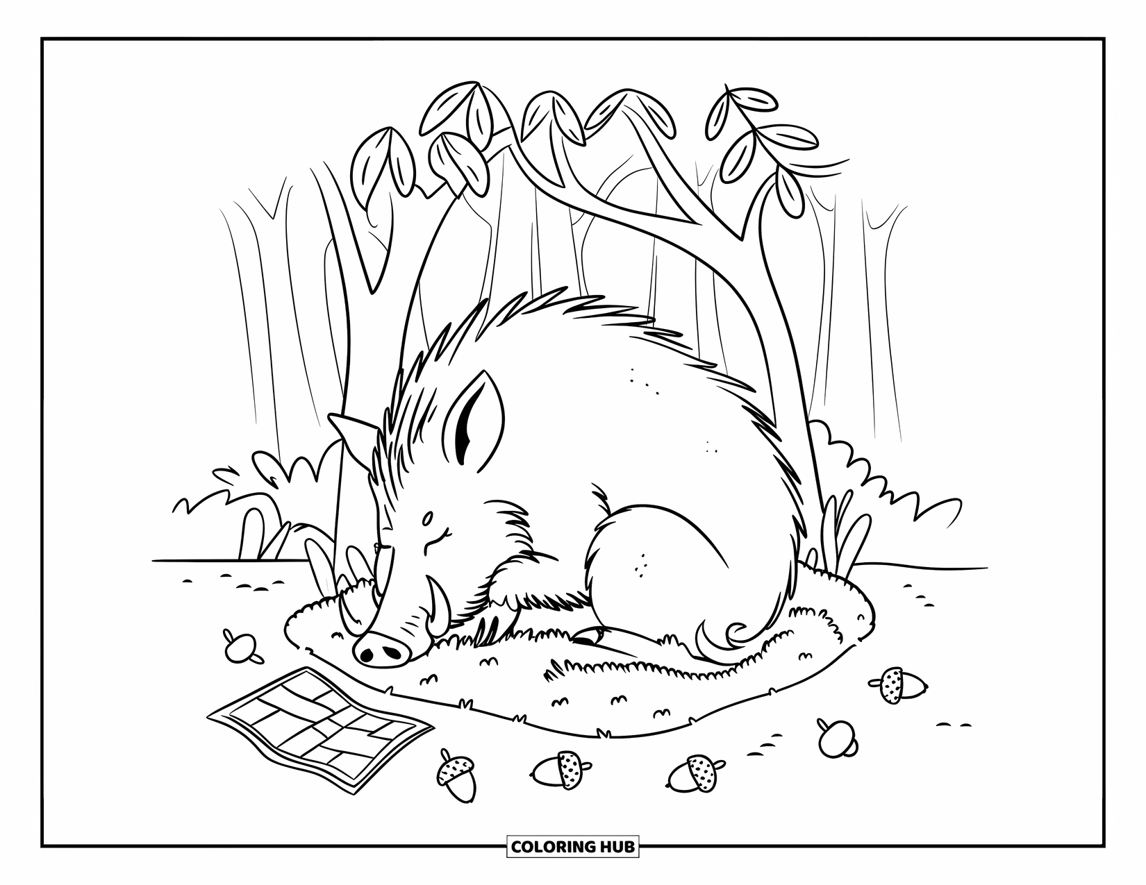 Wild Animal Coloring Page for Adults: A wild boar sleeps in moss under a leafy canopy with a map and acorns nearby