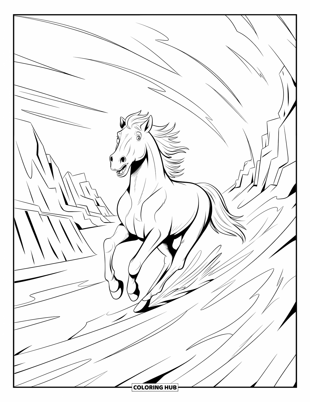Wild Animal Coloring Page for Adults: A wild horse charges through swirling wind and jagged abstract cliffs